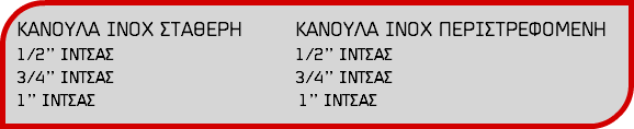 ΚΑΝΟΥΛΑ ΙΝΟΧ ΣΤΑΘΕΡΗ ΚΑΝΟΥΛΑ ΙΝΟΧ ΠΕΡΙΣΤΡΕΦΟΜΕΝΗ 1/2’’ ΙΝΤΣΑΣ 1/2’’ ΙΝΤΣΑΣ 3/4’’ ΙΝΤΣΑΣ 3/4’’ ΙΝΤΣΑΣ 1’’ ΙΝΤΣΑΣ 1’’ ΙΝΤΣΑΣ